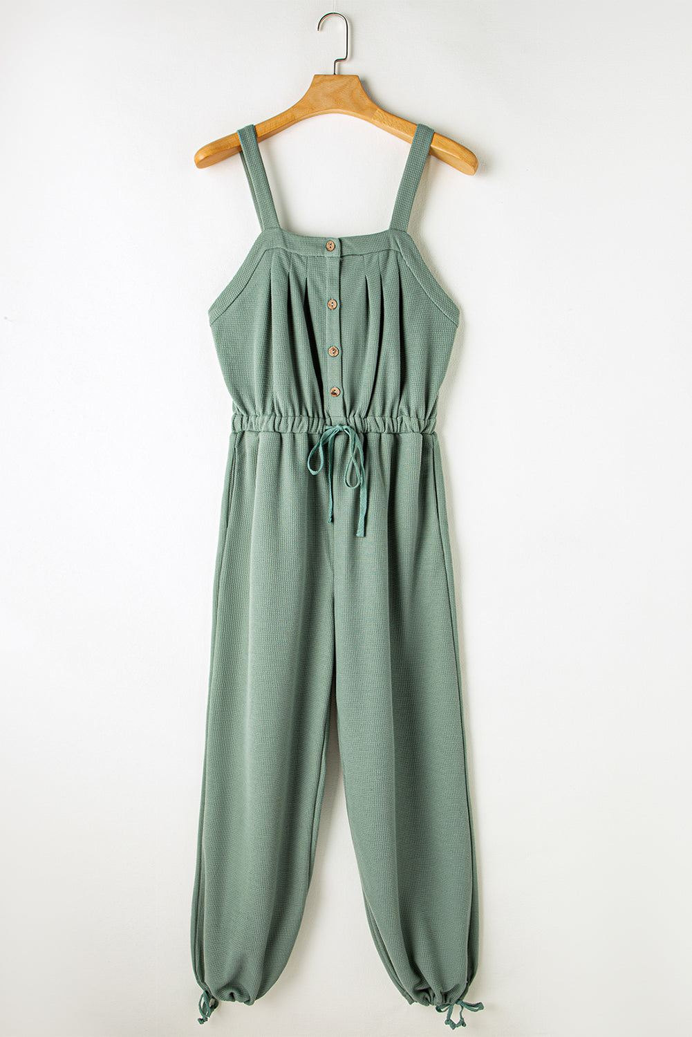 Pale Khaki Knotted Straps Button Textured Drawstring Jumpsuit