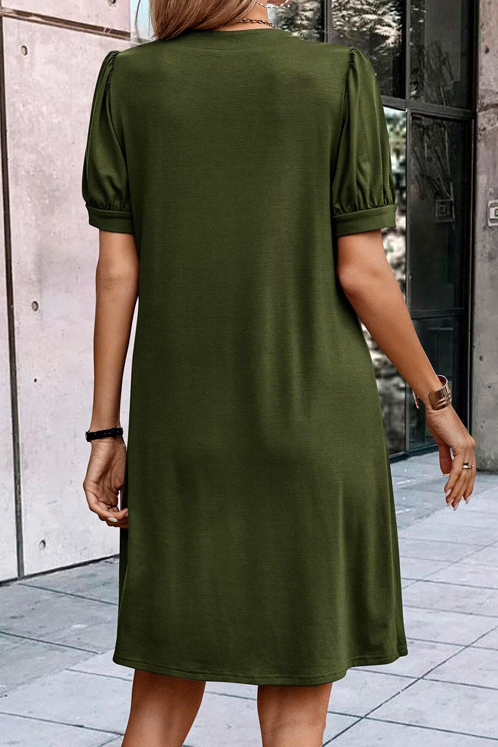 Desert Palm Notched Neck Pleated Puff Sleeve Shift T-shirt Dress